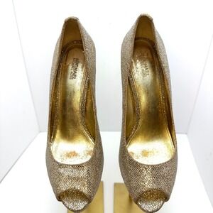 Michael Kors Gold Glitter Peep Toe Platform Pumps Stiletto Heels Womens 9M